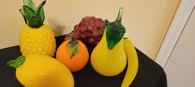 DECORATIVE ASSORTED GLASS FRUITS: PINEAPPLE, GRAPES, MANGO, BANANA, ORANGE, PEAR