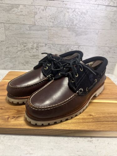 Timberland Hand Sewn 3 Eye Classic Lug Boat Shoes Navy / Brown Sz 10.5 - MINT - Picture 1 of 11