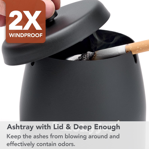 Ashtray with Lid for outside Patio, Windproof Ash Tray, Black Stainless Steel Sm - Picture 2 of 12