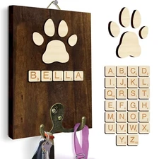Brown Dog Leash Holder Wall Mount, Pet Harness Hanger with Scrabble Letters