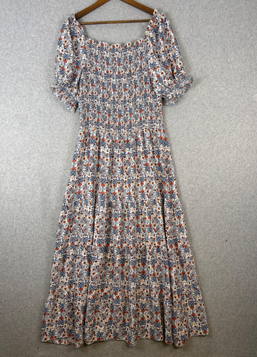 Max Studio Maxi Dress Women XL White Floral Smocked Tiered Puff Sleeves Prairie