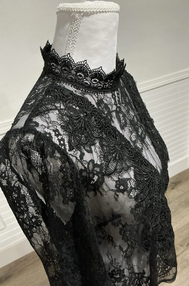 Victorian Vamp Sheer Lace High Neck Blouse |1800s Dark Goddess Gothic Top Sz S/M - Image 2 of 4
