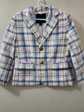 Janie And Jack Jacket Boys 4 Blu Pink Blazer 2 Button Plaid Linen Blend Colorful