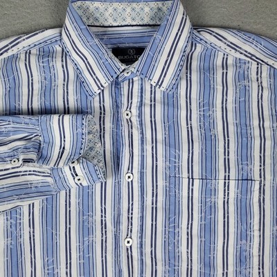 Bugatchi Shirt Mens Large White Blue Striped Casual Button Up Long Sleeve *