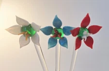 Set Lot 3 Hand Blown Glass Flower Orchid Drink Cocktail Stir Swizzle Stick 8"