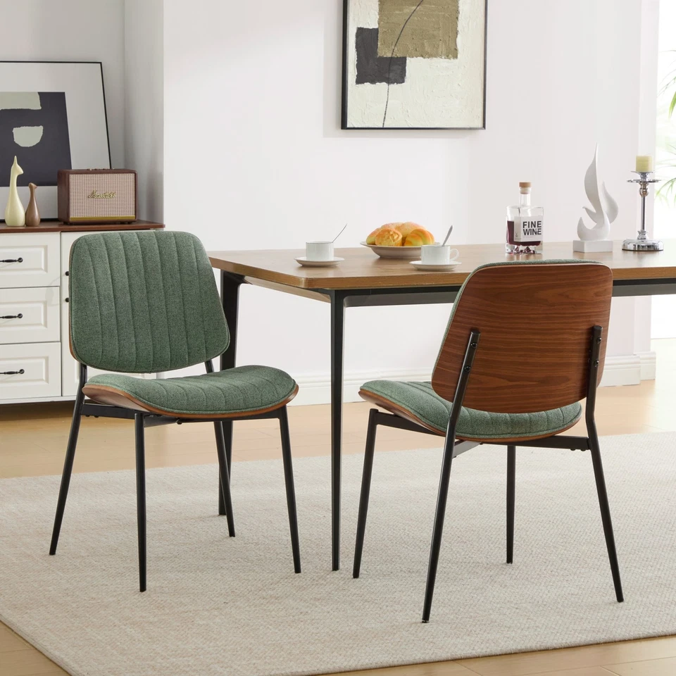 Juego de 2 sillas de comedor tapizadas de tela de lino con respaldo de madera curvada de nogal verde EE. UU. Foto 2 de 4