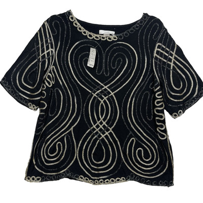 CJ Banks Shirt Women s Plus Sz 14W X Top Soutache Embroidered Black Gold Holiday