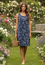 Loft 12 Dress 90s Y2K Blue Gray Floral Shift Back Button Cottage Boho Coastal