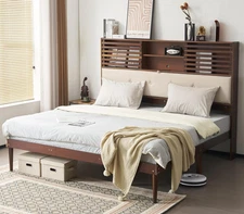 LEADZM Luxury Wood Bed Frame with 52'' Extra Tall Upholstered Headboard,Queen