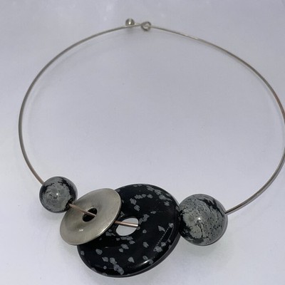 925 Silber Halsring/choker+ Elemente+ Schnee- Flocken Obsidan,D-15cm, 44.4g