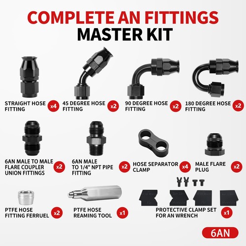 BRIFITOR 6AN PTFE Hose End Fittings Kit 0/45/90/180 Degree (23pcs), Black  - Foto 2 di 6