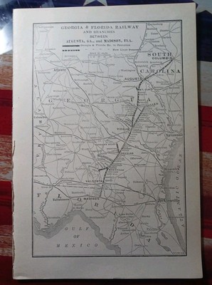 1910 Zug Streckenkarte GEORGIA & FLORIDA EISENBAHN und Zweige Augusta nach Madison 