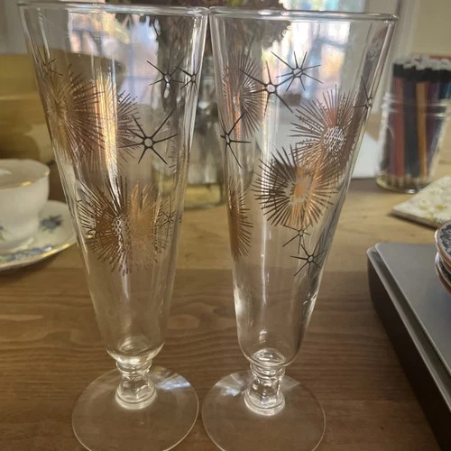 Set Of 2 Vintage Atomic Starburst Pilsner Glasses Federal Glass, MCM