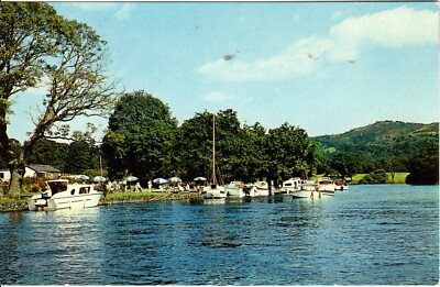 02237 - postcard showing moorings and tea garden, Swan hotel, Newby bridge