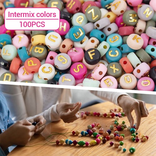 NEW 100PCS Flat Round Alphabet Letter Mixed Color Beads Jewellery Making Gift - Picture 5 of 13