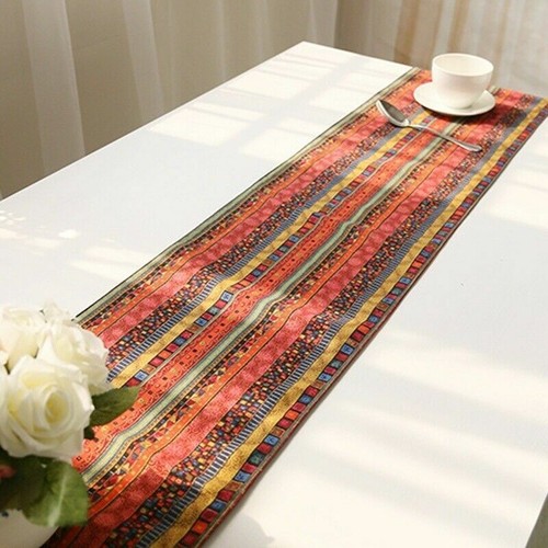 Ethnic Table Runner Boho Tasseled Edges Tablecloth Cotton Linen Table Cover Blue - Picture 3 of 16