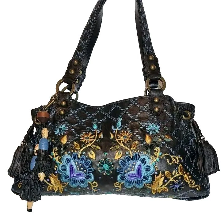 ISABELLA FIORE BOHEMIAN JENNA FLORAL EMBROIDERED TASSELED HAND BAG SATCHEL $695 - Image 4 of 4