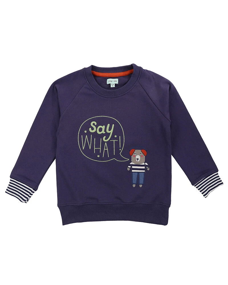 Lilly and Sid Boys Navy Blue Sweat Shirt Embroidered Bear and Say What Statement