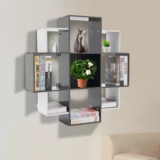 3 Tiers Wall Mounted Bookcase Book Shelf Modern Bookcase With 9 Compartments