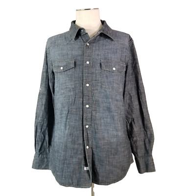 PD&C Shirt men's large blue denim chambray Pearl Snap Western long sleeve