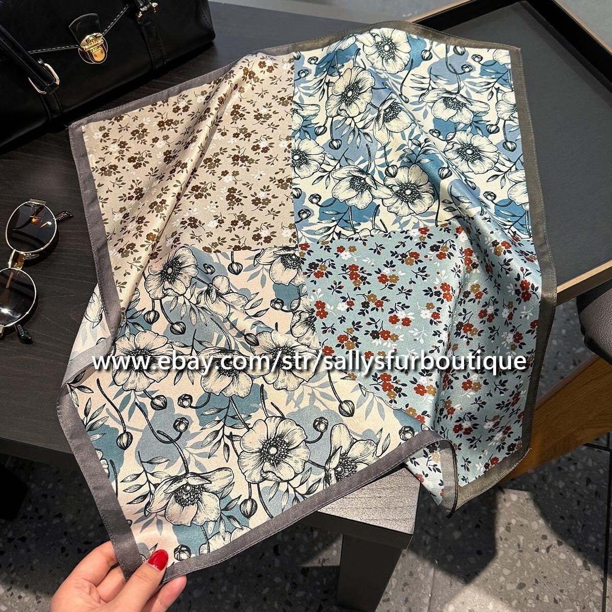 Sallys Blue 100% Satin Silk Scarf with Floral Print 21 Inch Square Hairband