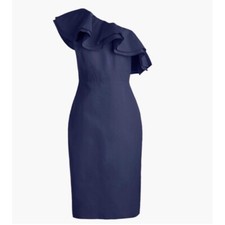J.Crew Silk blend One Shoulder Ruffle dress navy sheath cocktail sz 16