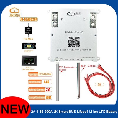 JK SMART BMS Lifepo4 Li-Ion LTO Battery 2A 4S-8S 200A Active Balance+Heat Cable/