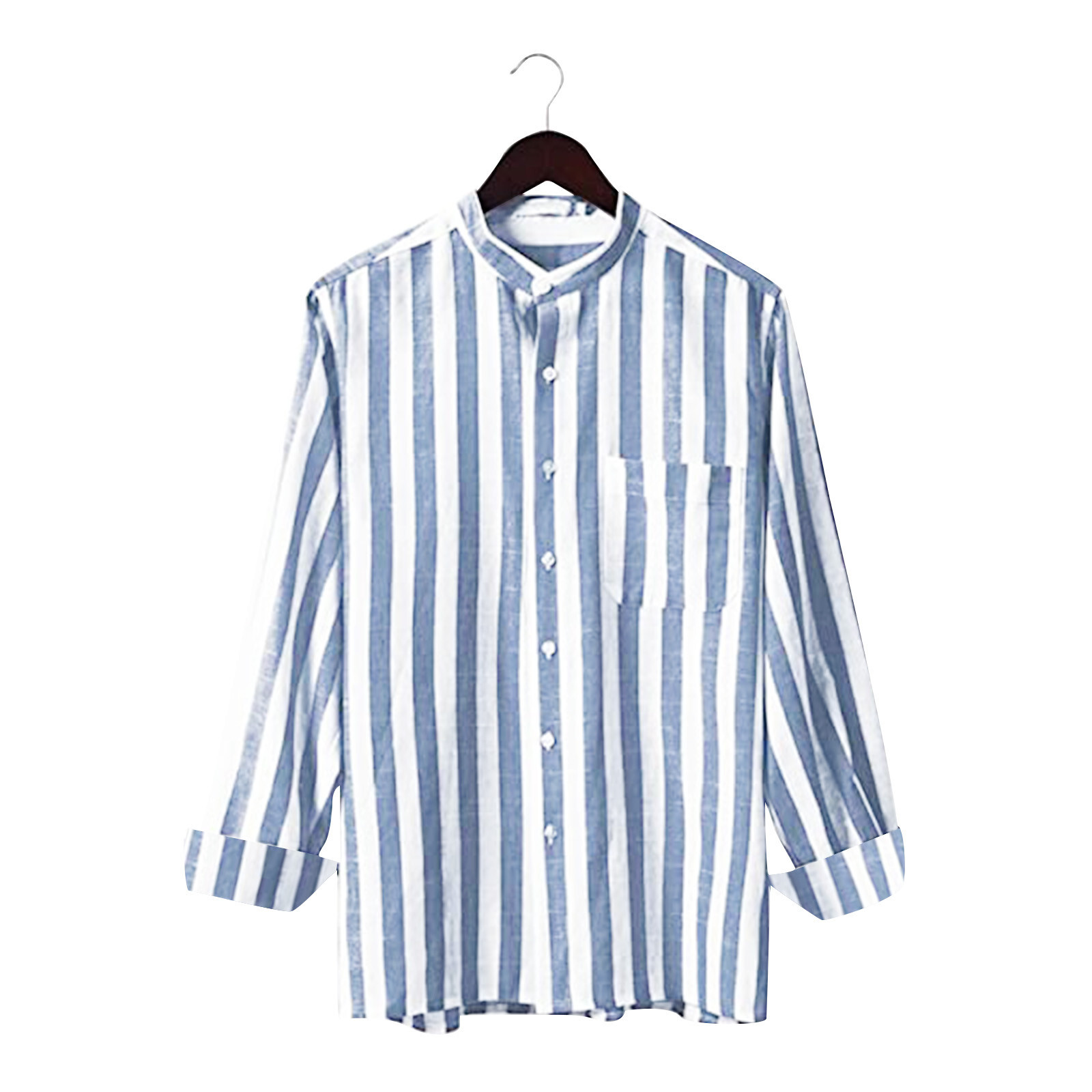 Mens Casual Cotton Striped Long Sleeve Linen Shirt Band Collar Button ...