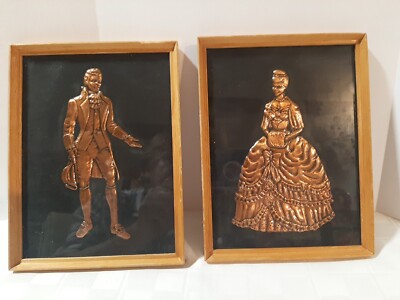 Rare 2 Vintage Copper Embossed Colonial Couple Pictures Handmade 8.5x6.5''see 
