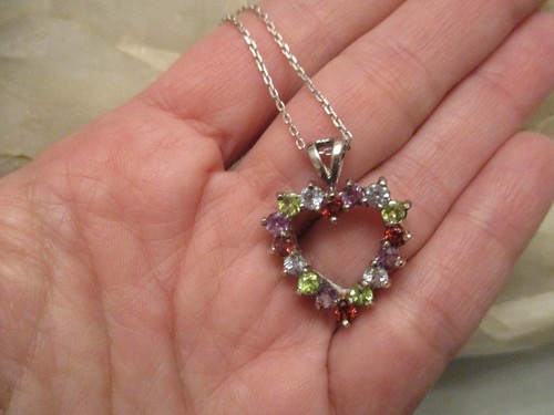 Multi Gemstone Heart Pendant Sterling Silver 18" Necklace - Picture 14 of 23