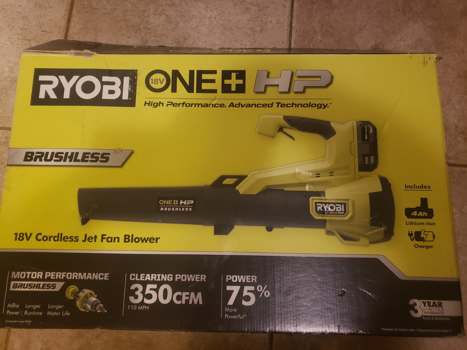 RYOBI P21012 18V Brushless Jet Fan Leaf Blower with 2 ah battery & charger