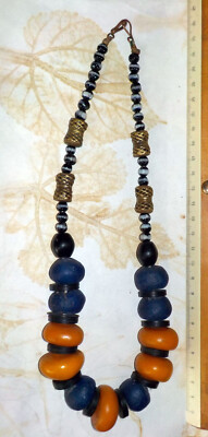 Collier Africain Perles Noires, Bronze Et Ambre - Neuf Avec étiquettes