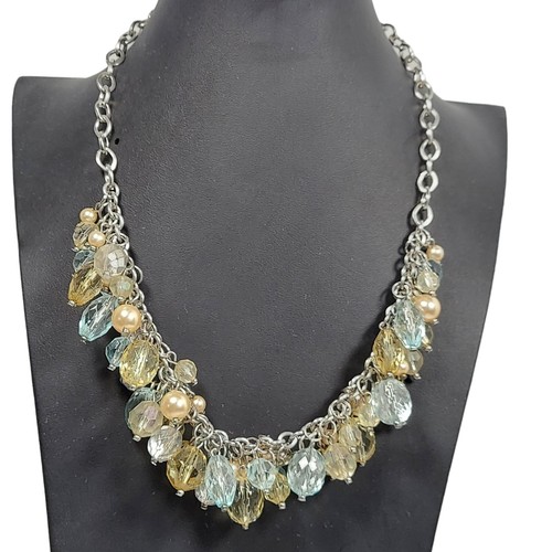 Sparkling New York & Company Beaded Bib Necklace Teal Blue & Gold Beads 22" NY