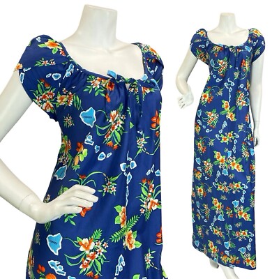 VINTAGE 70ER JAHRE BLAU ORANGE GRÜN WEISS HAWAII ISLAND OBST HIBISKUS MAXIKLEID 16