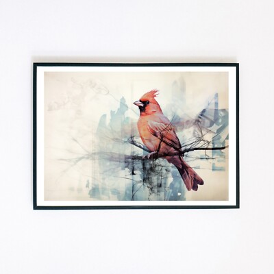 Nordkardinal Vogel Abstraktes Gemälde Illustration A5 Wanddeko Kunstdruck 
