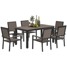 Outsunny 6 Seater Aluminium Garden Dining Set with Stackable Chairs, Brown