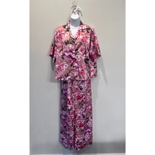 Joyspun Coral Castle Pajama Set Women L 14 Floral Print Pink Satin Button Up Top