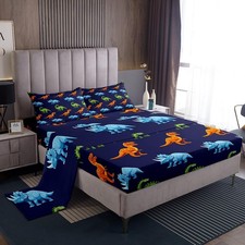 Cartoon Dinosaur Set King, Dark Blue Dinosaur Bed Sheets Set for Dinosaurs Pr...