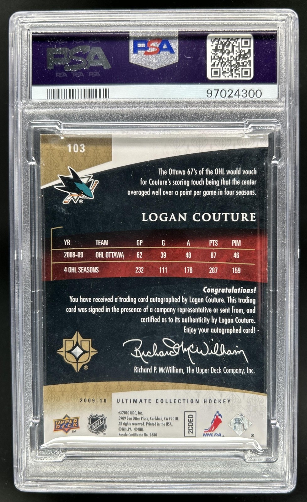 2009-10 Upper Deck Ultimate Collection Logan Couture Auto RC #/299 Sharks PSA 6 view 2