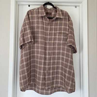 Tasso Elba Men's XXL 100% Linen Shirt Brown Plaid Short Sleeve Pocket Button Up