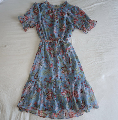 LOFT Women s Blue Floral Chiffon Midi Dress Flutter Sleeve Ruffle Belted S