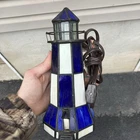 Vintage Beautiful Tiffany Style Blue & White Stained Glass Lighthouse Lamp 9.5"