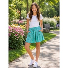 Lands' End Girls Teal Geometric Print Skater Skirt Pocketed Pull On Size M 10 12