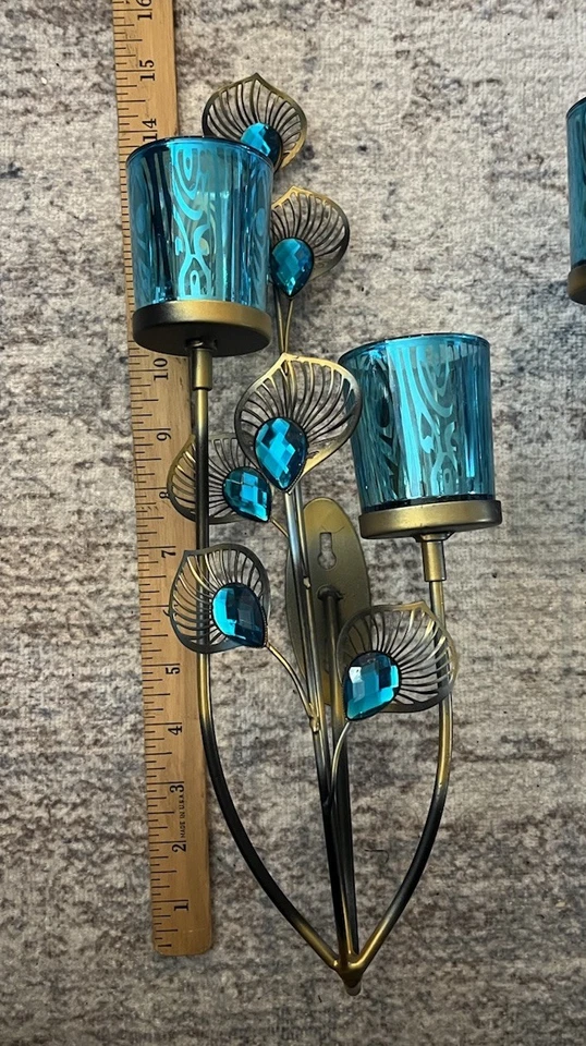 2 Beautiful PEACOCK BLUE PLUME MULTITONES SCULPTURED WALL SCONCES 14.5”tall EUC - Image 3 of 4