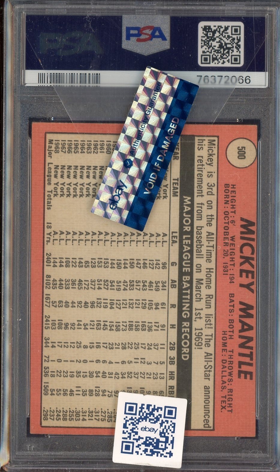 1969 Topps #500 Mickey Mantle Last Name In Yellow HOF PSA 4 VG-EX view 2