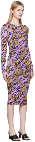Versace Jeans Couture Viola Bodycon Abito Midi Logo All Over - Foto 3 di 4