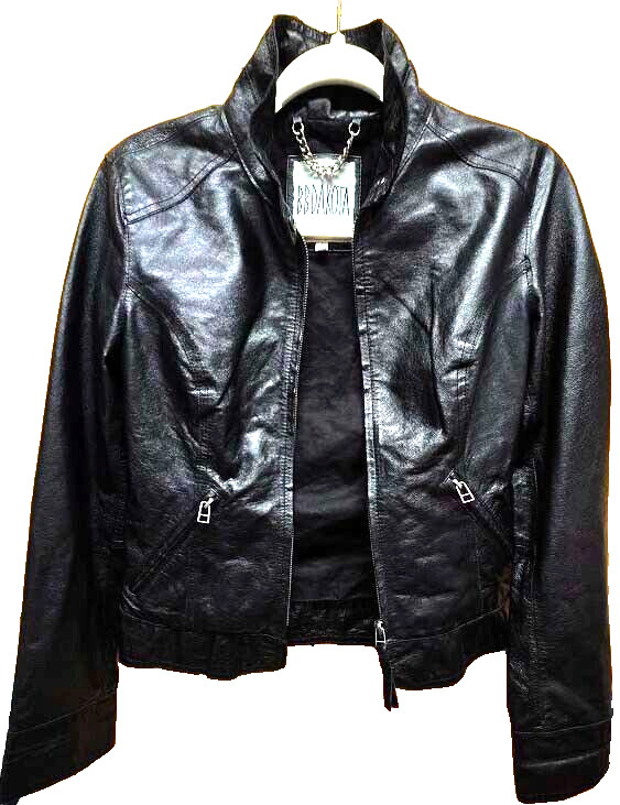 BB Dakota Women's-S Black Leather Jacket Cotton Lined Zip Pockets Hipster Moto