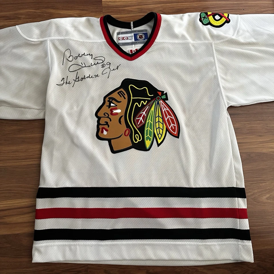 Vintage CCM Chicago Blackhawks Jersey Bobby Hull 9 Golden Jet Signed White Large - Image 2 of 4