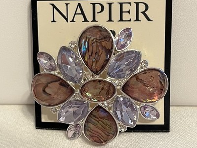 Napier Lt Lavender & Mother Of Pearl Look Faceted Silver Tone 2'' Brooch Signed