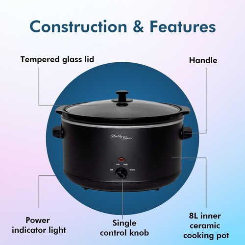 Healthy Choice Non Stick Slow Cooker 8L Large Ceramic Lid Multicooker Keep Warm - Picture 6 of 7